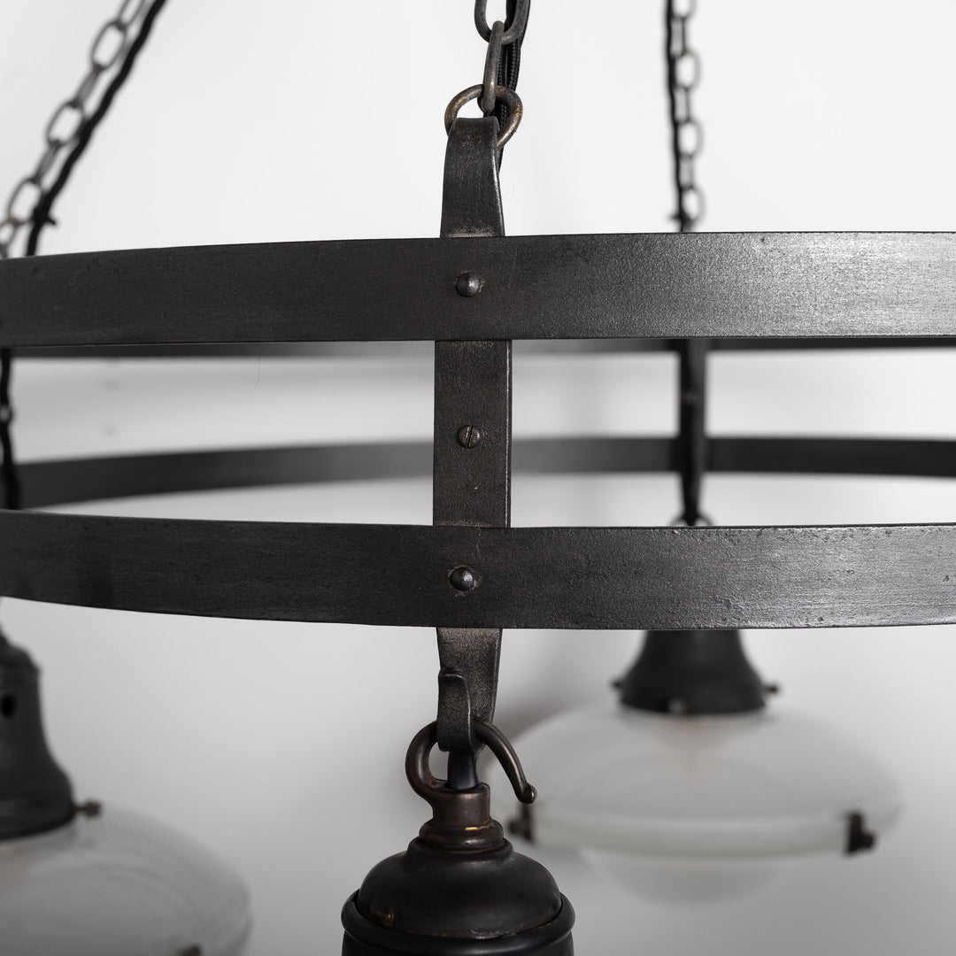 Monumental Wrought Iron Church Chandelier Ring with Four Holophane Ripple-Lite Prismatic Glass Shades