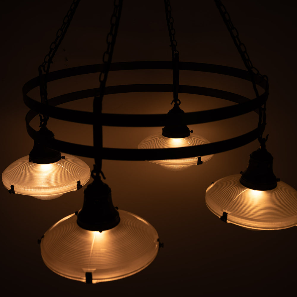 Monumental Wrought Iron Church Chandelier Ring with Four Holophane Ripple-Lite Prismatic Glass Shades
