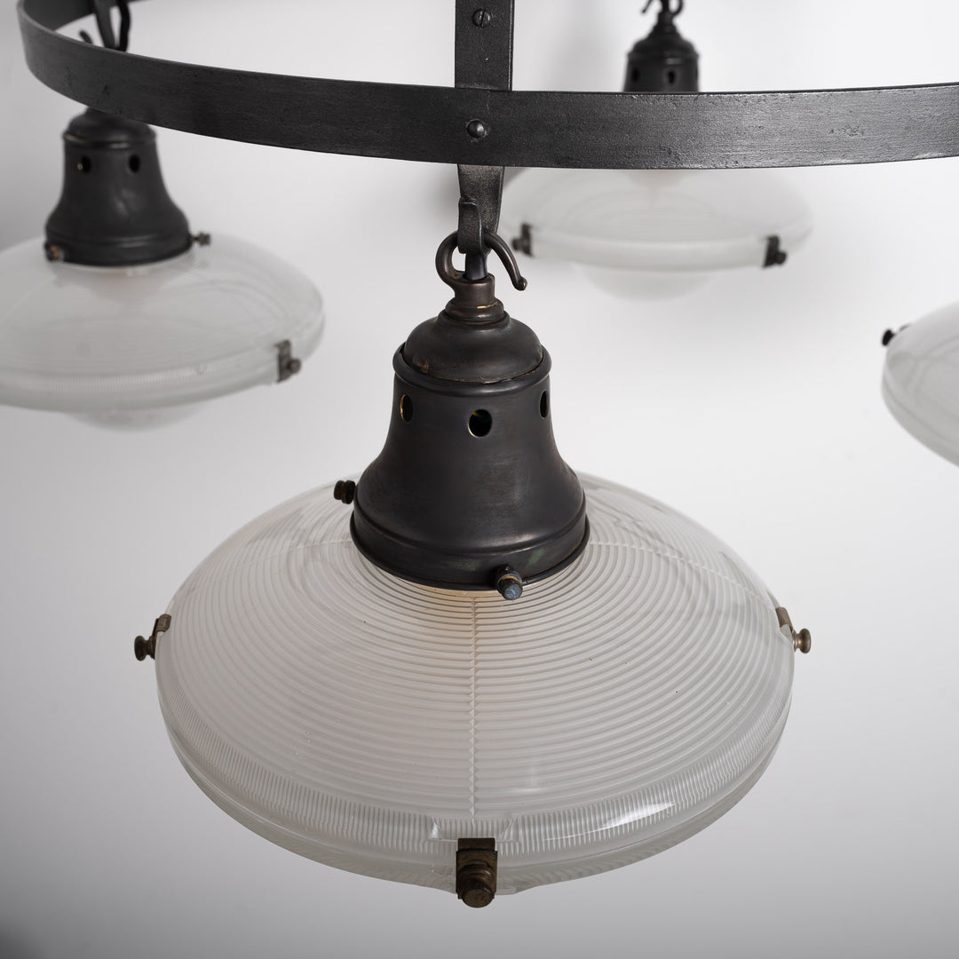 Monumental Wrought Iron Church Chandelier Ring with Four Holophane Ripple-Lite Prismatic Glass Shades