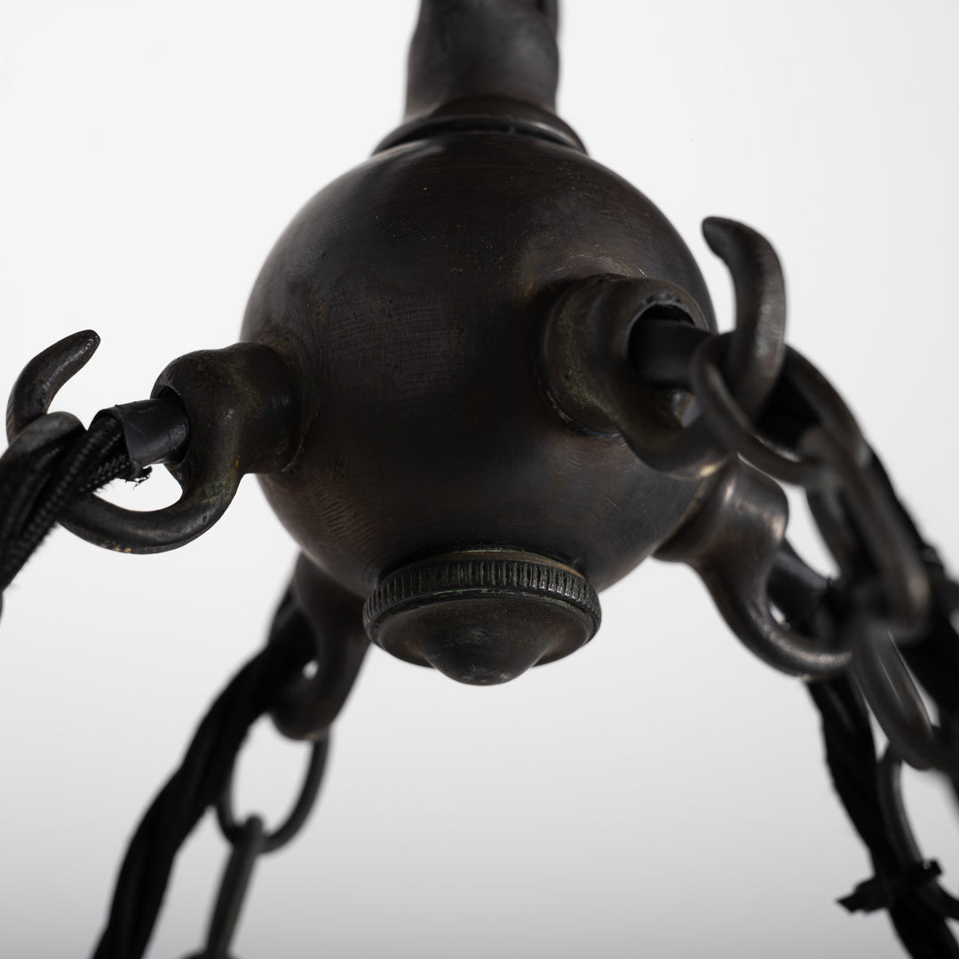 Monumental Wrought Iron Church Chandelier Ring with Four Holophane Ripple-Lite Prismatic Glass Shades