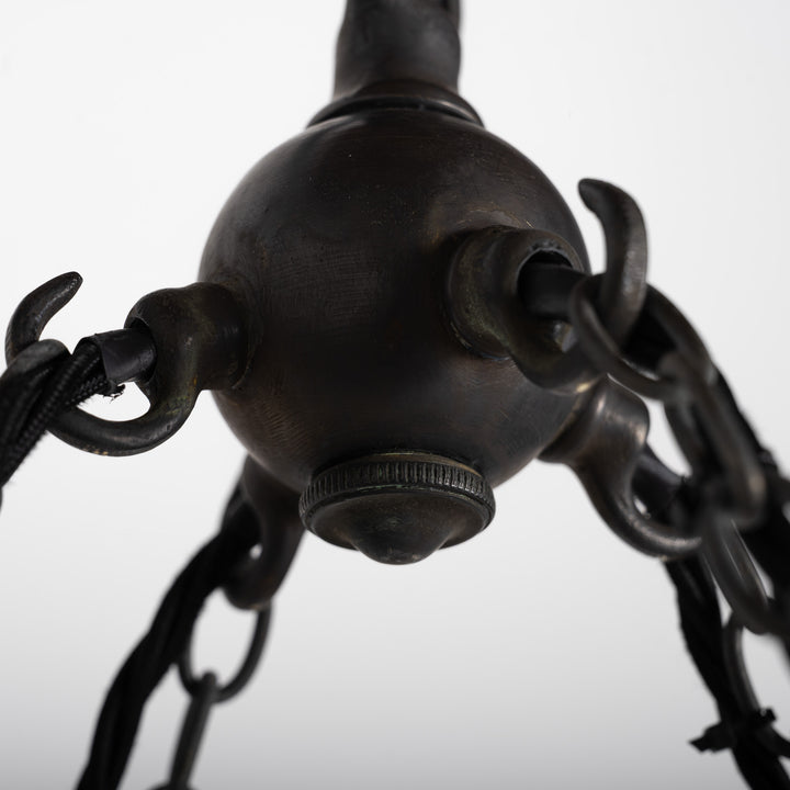 Monumental Wrought Iron Church Chandelier Ring with Four Holophane Ripple-Lite Prismatic Glass Shades