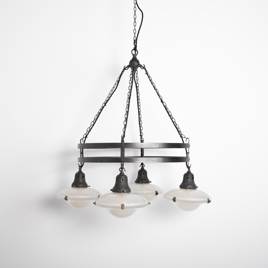 Monumental Wrought Iron Church Chandelier Ring with Four Holophane Ripple-Lite Prismatic Glass Shades
