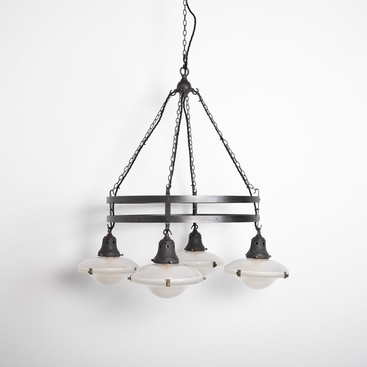 Monumental Wrought Iron Church Chandelier Ring with Four Holophane Ripple-Lite Prismatic Glass Shades