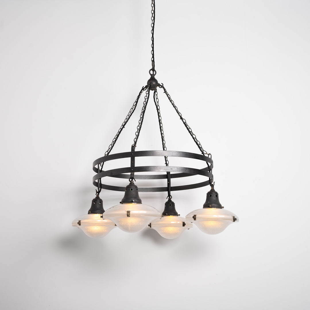 Monumental Wrought Iron Church Chandelier Ring with Four Holophane Ripple-Lite Prismatic Glass Shades
