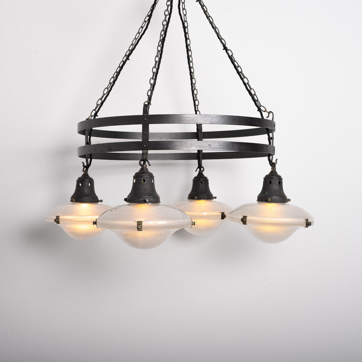 Monumental Wrought Iron Church Chandelier Ring with Four Holophane Ripple-Lite Prismatic Glass Shades
