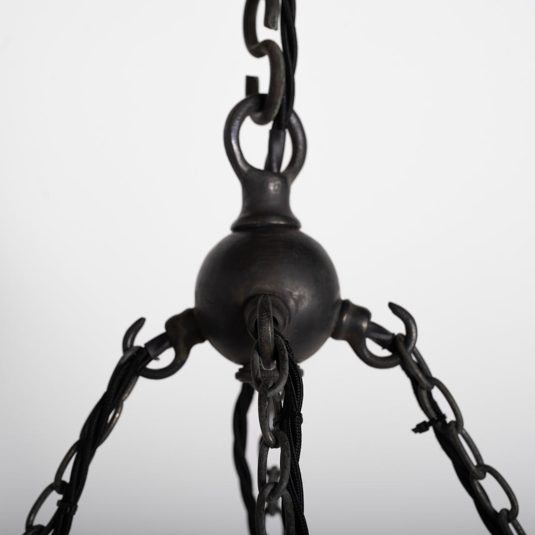 Monumental Wrought Iron Church Chandelier Ring with Four Holophane Ripple-Lite Prismatic Glass Shades
