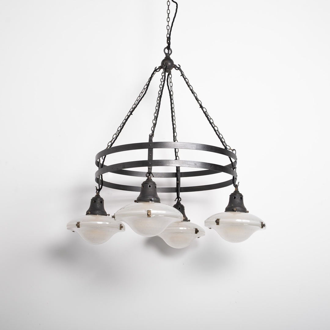 Monumental Wrought Iron Church Chandelier Ring with Four Holophane Ripple-Lite Prismatic Glass Shades