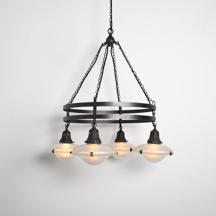 Monumental Wrought Iron Church Chandelier Ring with Four Holophane Ripple-Lite Prismatic Glass Shades