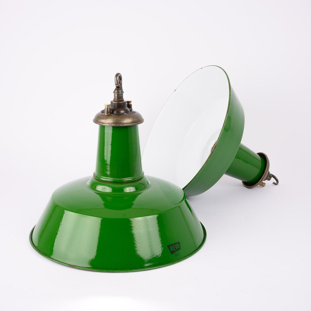 Original Industrial Green Enamel Factory Pendant Lights by Revo Tipton