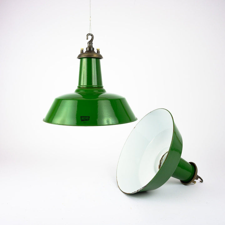 Original Industrial Green Enamel Factory Pendant Lights by Revo Tipton