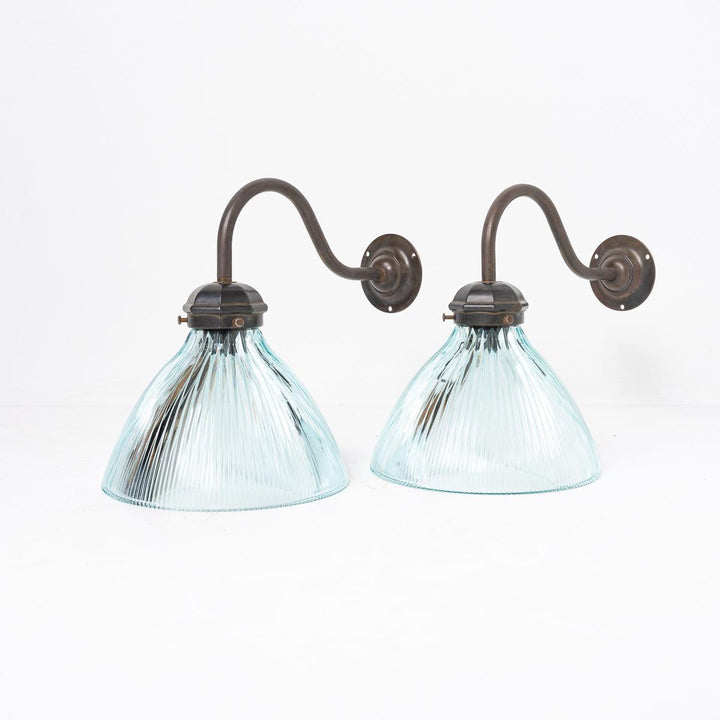 Pair of Antique Holophane Blue Prismatic Glass Wall Lights