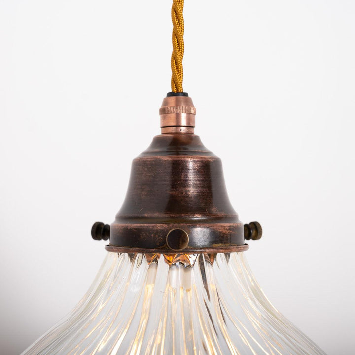 Pair of Antique Holophane Pendant Lights with Aged Copper Fittings