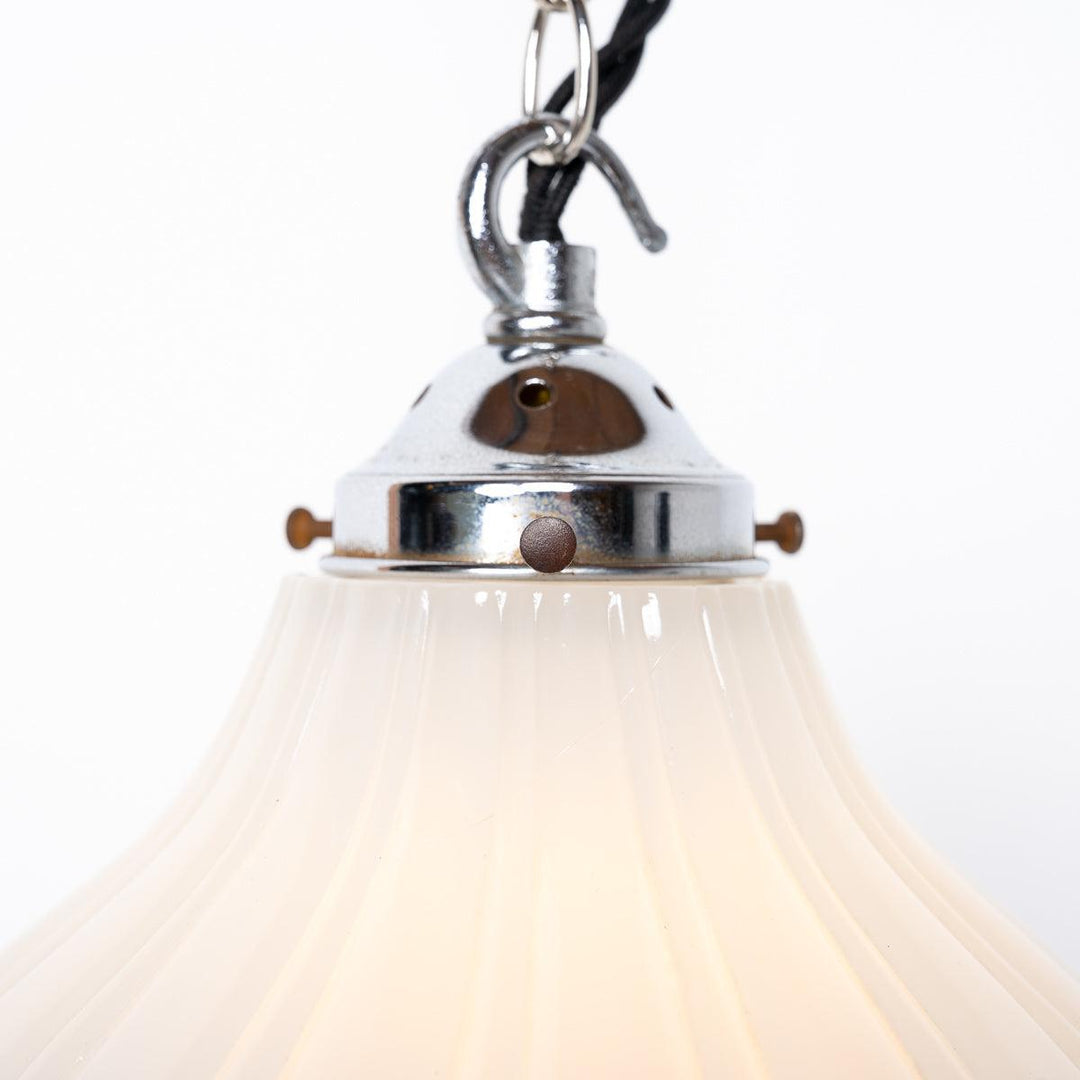Pair of Antique Moonstone Glass Pendant Lights with Chrome Fittings