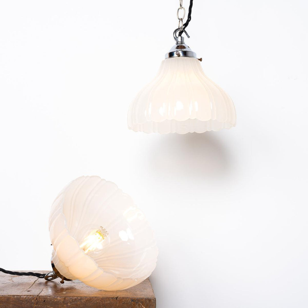 Pair of Antique Moonstone Glass Pendant Lights with Chrome Fittings