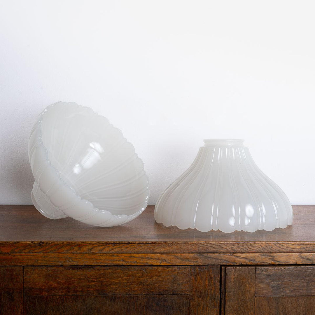 Pair of Antique Moonstone Pendant Lights with Aged Brass Fittings