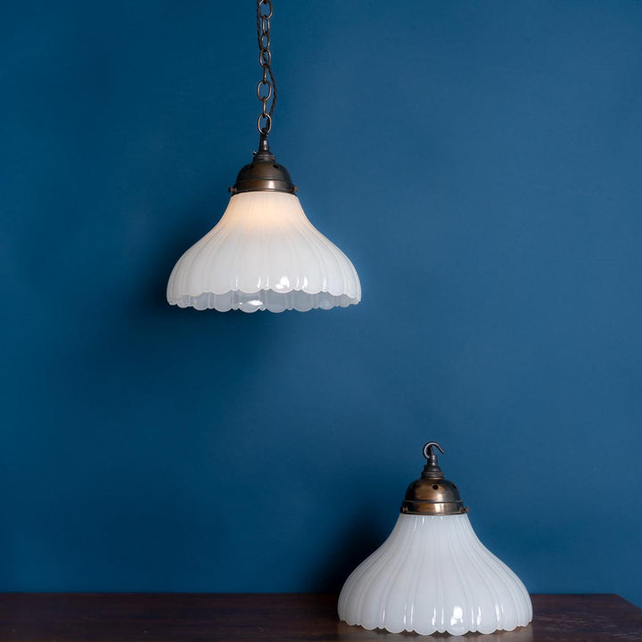 Pair of Antique Moonstone Pendant Lights with Aged Brass Fittings