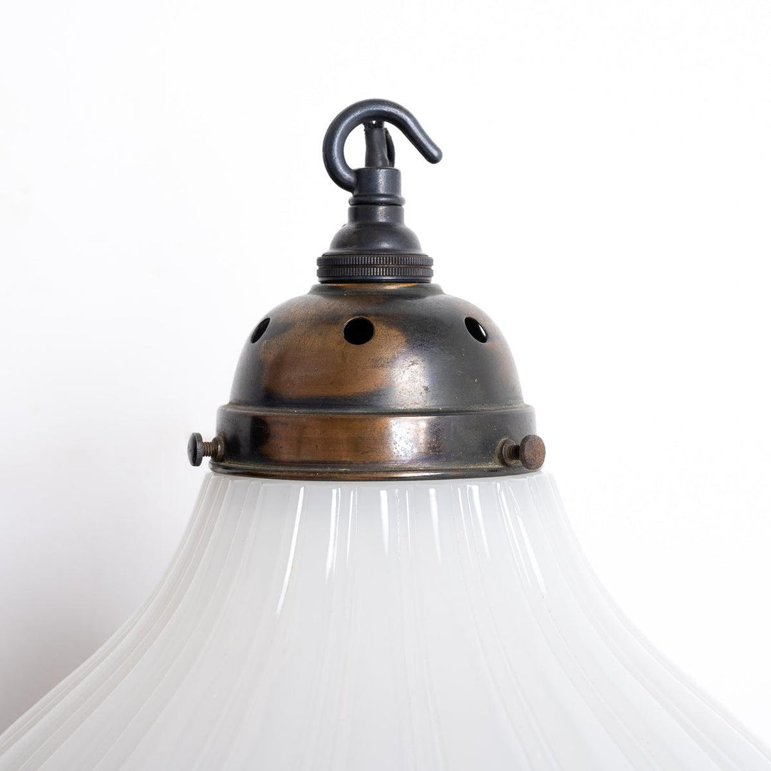 Pair of Antique Moonstone Pendant Lights with Aged Brass Fittings