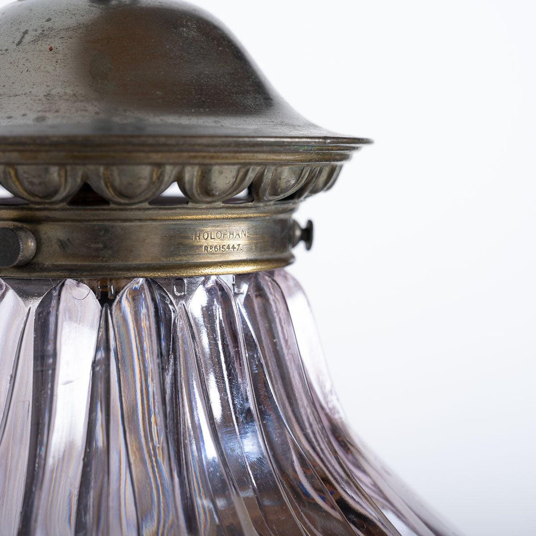 Pair of Antique Rare Lilac Holophane Glass Pendant Lights with Brass Galleries