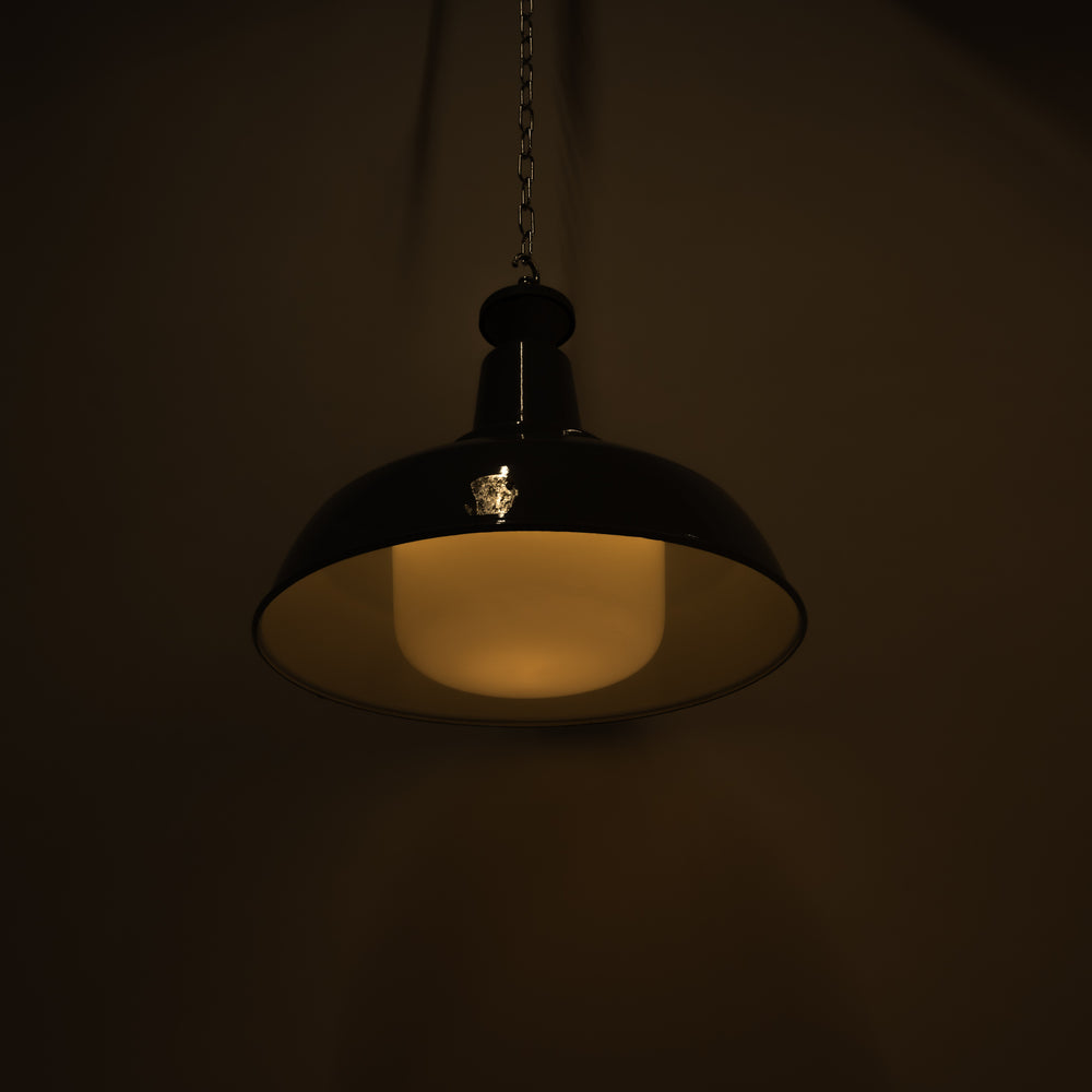 Pair of Extra Large Benjamin Electric 'Glassteel Diffuser' Industrial Pendants with Original Opaline Glass Diffusers