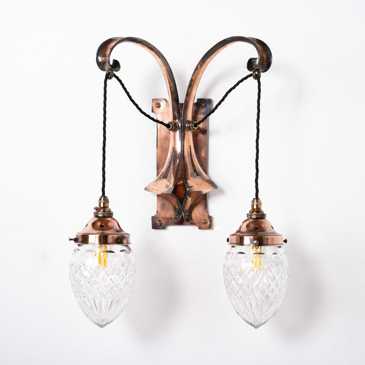 Pair of Large Arts & Crafts Copper Wall Lights with Crystal Glass Acorn Shades