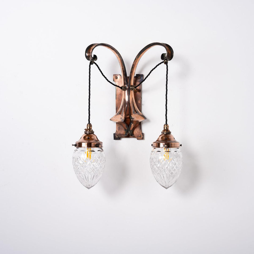 Pair of Large Arts & Crafts Copper Wall Lights with Crystal Glass Acorn Shades