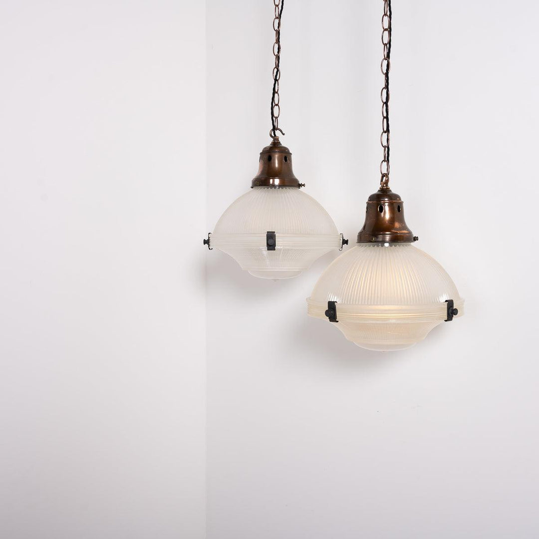 Pair of Large Vintage Three Part Holophane Pendant Lights with Aged Copper Fittings