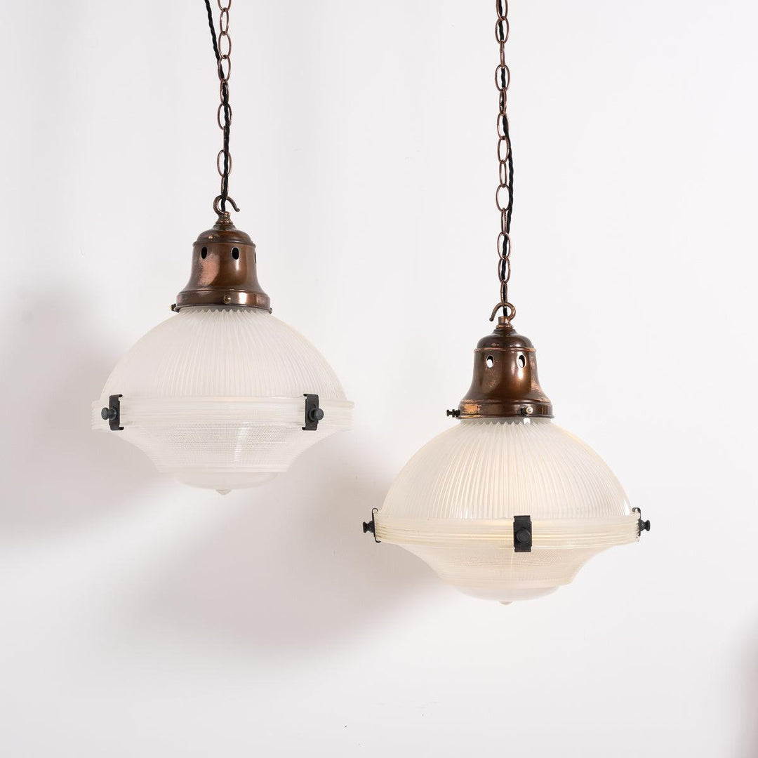 Pair of Large Vintage Three Part Holophane Pendant Lights with Aged Copper Fittings