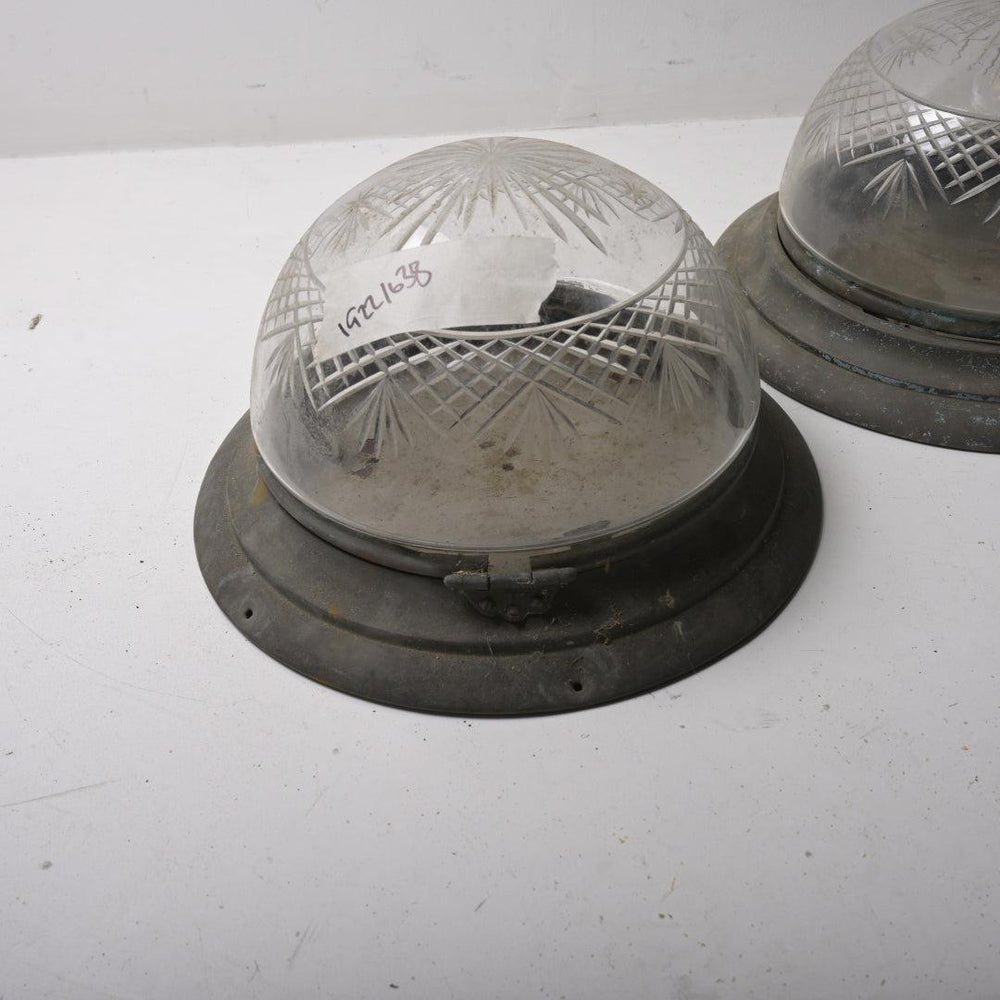 Pair of Rare Antique Star-Cut Crystal Flush Mounts with Hinged Brass Galleries