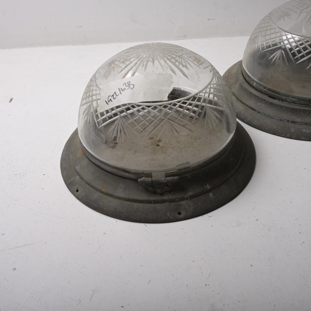 Pair of Rare Antique Star-Cut Crystal Flush Mounts with Hinged Brass Galleries