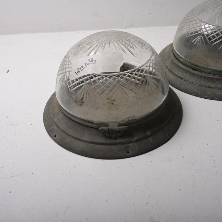 Pair of Rare Antique Star-Cut Crystal Flush Mounts with Hinged Brass Galleries