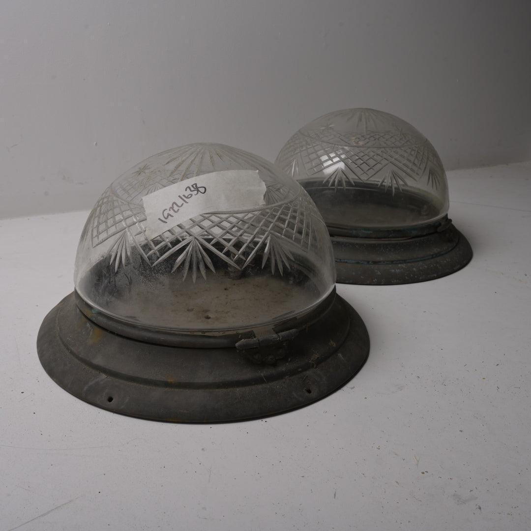 Pair of Rare Antique Star-Cut Crystal Flush Mounts with Hinged Brass Galleries