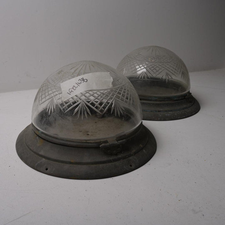 Pair of Rare Antique Star-Cut Crystal Flush Mounts with Hinged Brass Galleries