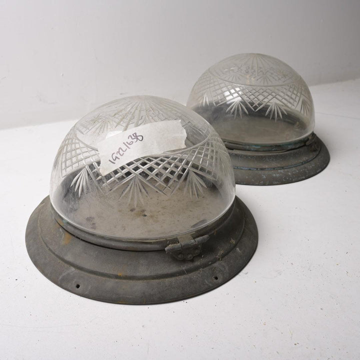 Pair of Rare Antique Star-Cut Crystal Flush Mounts with Hinged Brass Galleries