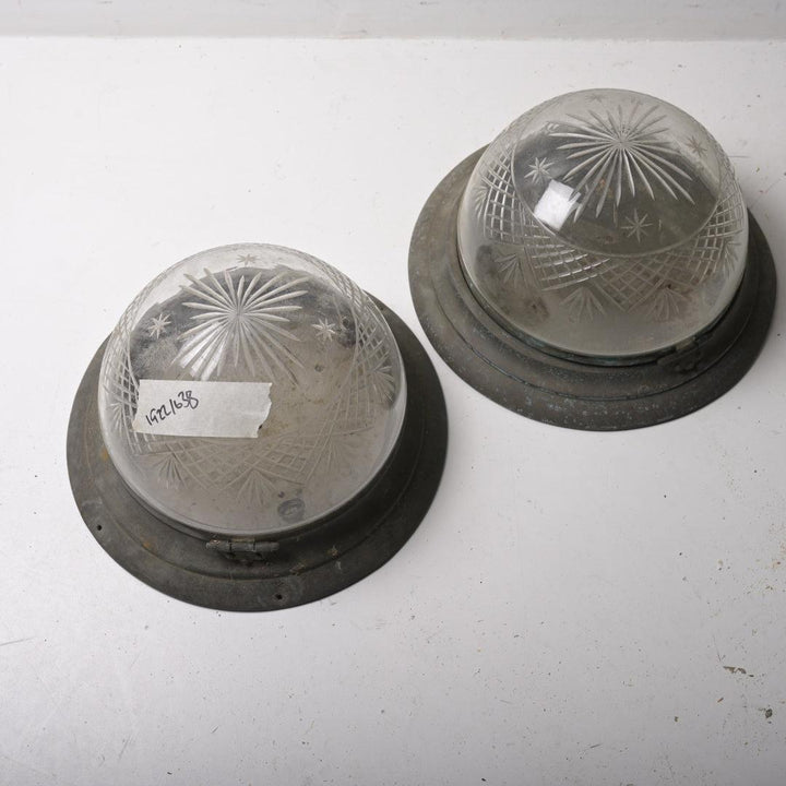 Pair of Rare Antique Star-Cut Crystal Flush Mounts with Hinged Brass Galleries