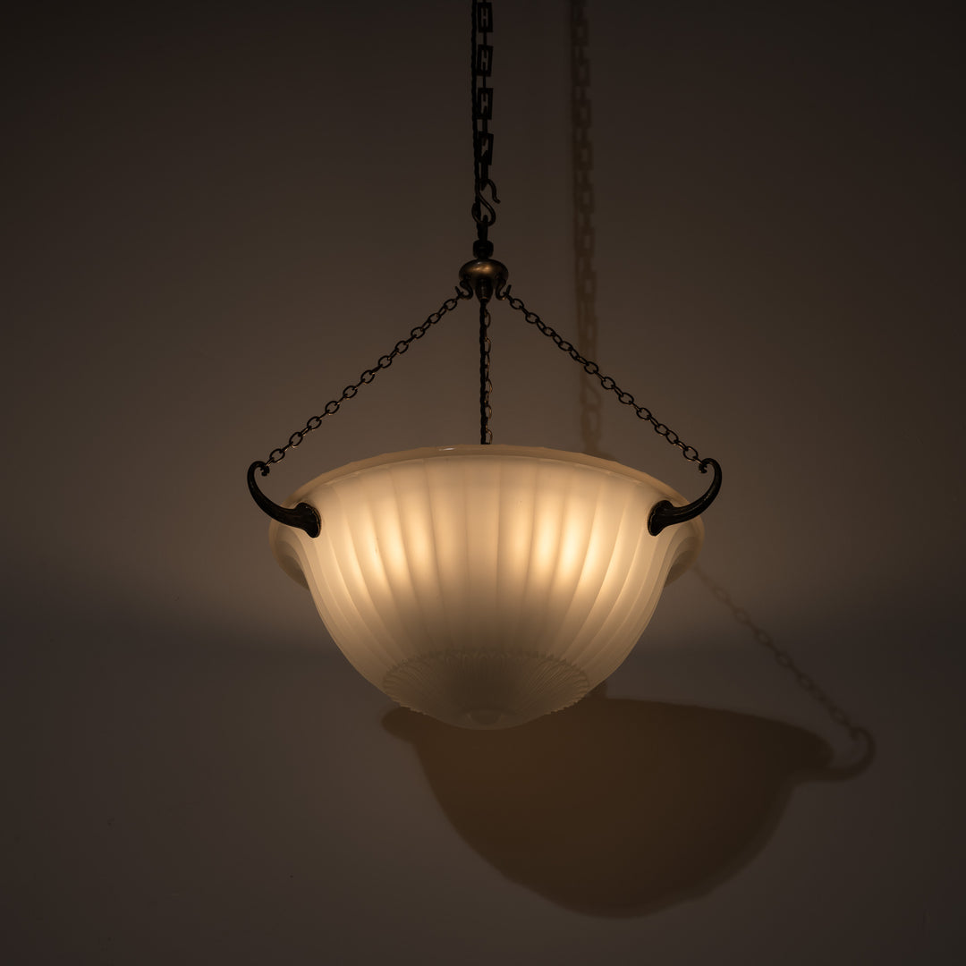 Rare 16 inch Jefferson Moonstone Deep Bowl Plafonnier with Exceptional Quality Cast Fittings