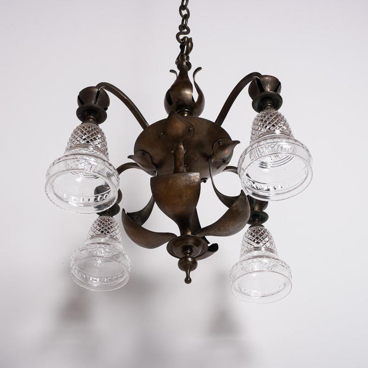Rare Aged Brass Four Arm Arts & Crafts Chandelier with Crystal Shades by Osler