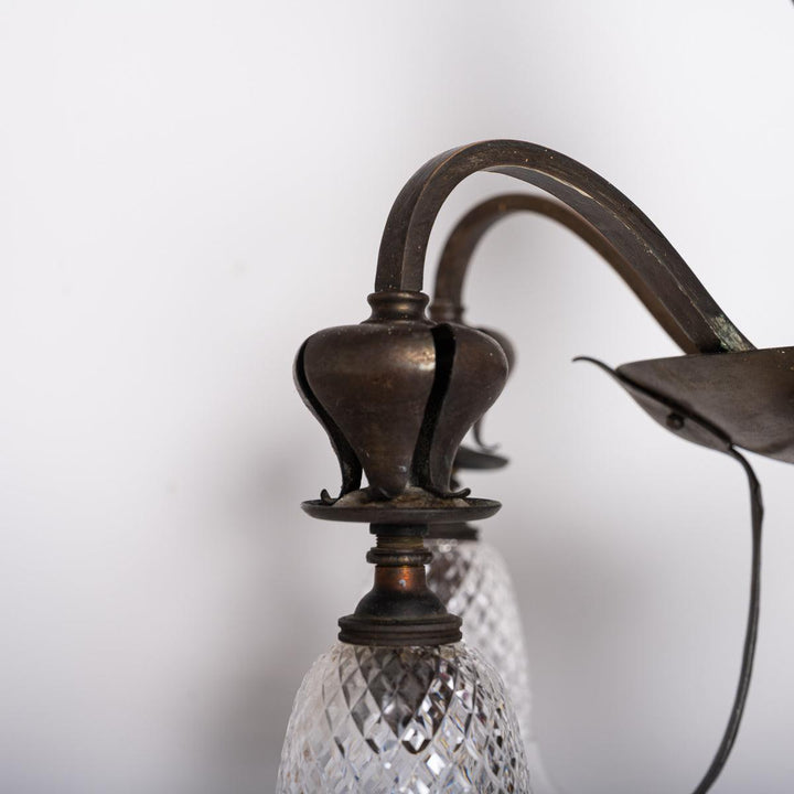 Rare Aged Brass Four Arm Arts & Crafts Chandelier with Crystal Shades by Osler
