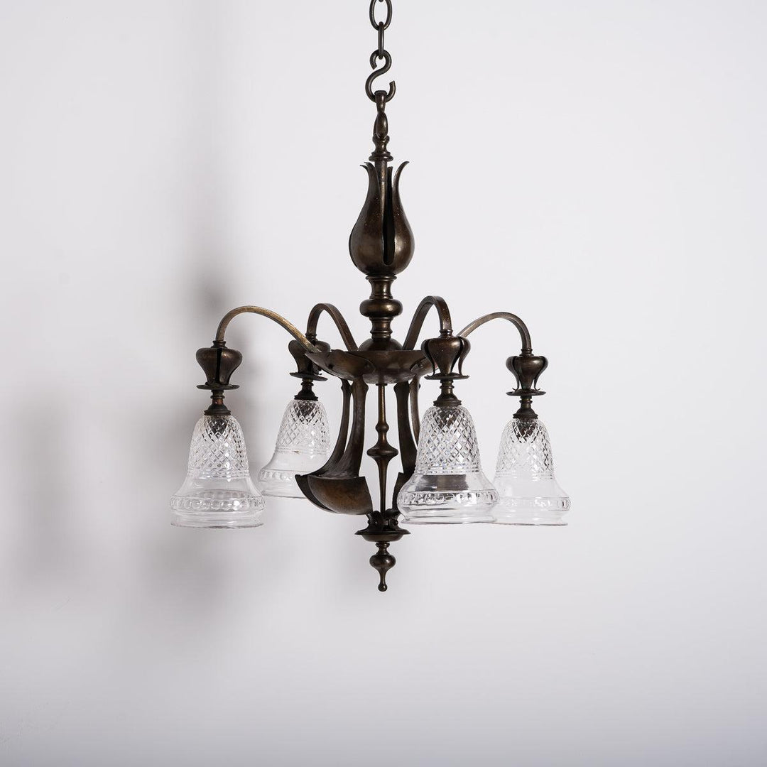 Rare Aged Brass Four Arm Arts & Crafts Chandelier with Crystal Shades by Osler