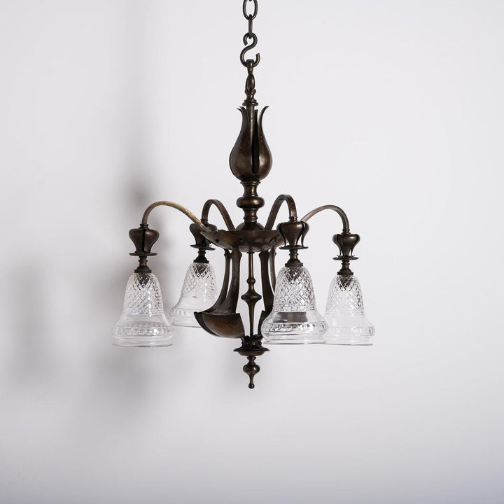 Rare Aged Brass Four Arm Arts & Crafts Chandelier with Crystal Shades by Osler