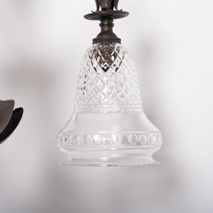 Rare Aged Brass Four Arm Arts & Crafts Chandelier with Crystal Shades by Osler