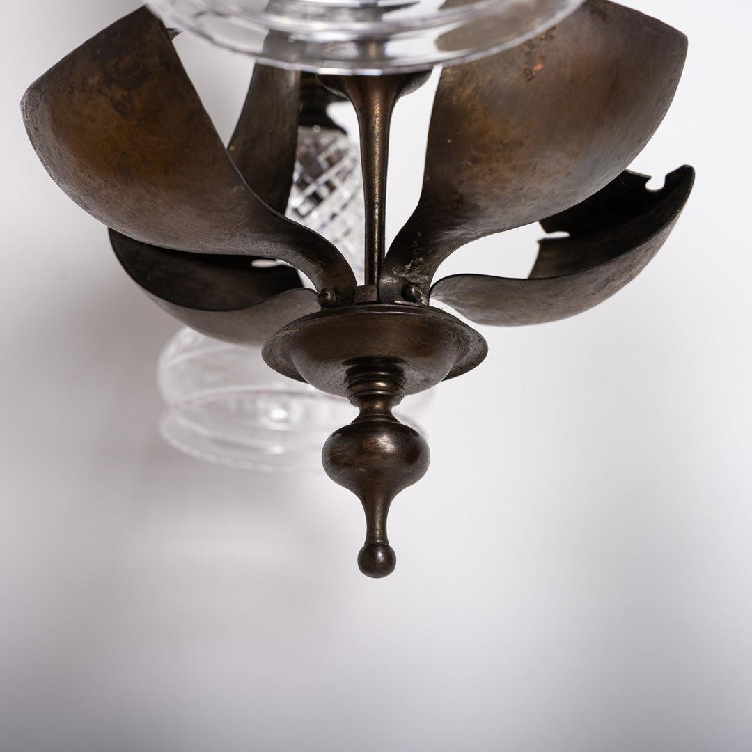 Rare Aged Brass Four Arm Arts & Crafts Chandelier with Crystal Shades by Osler