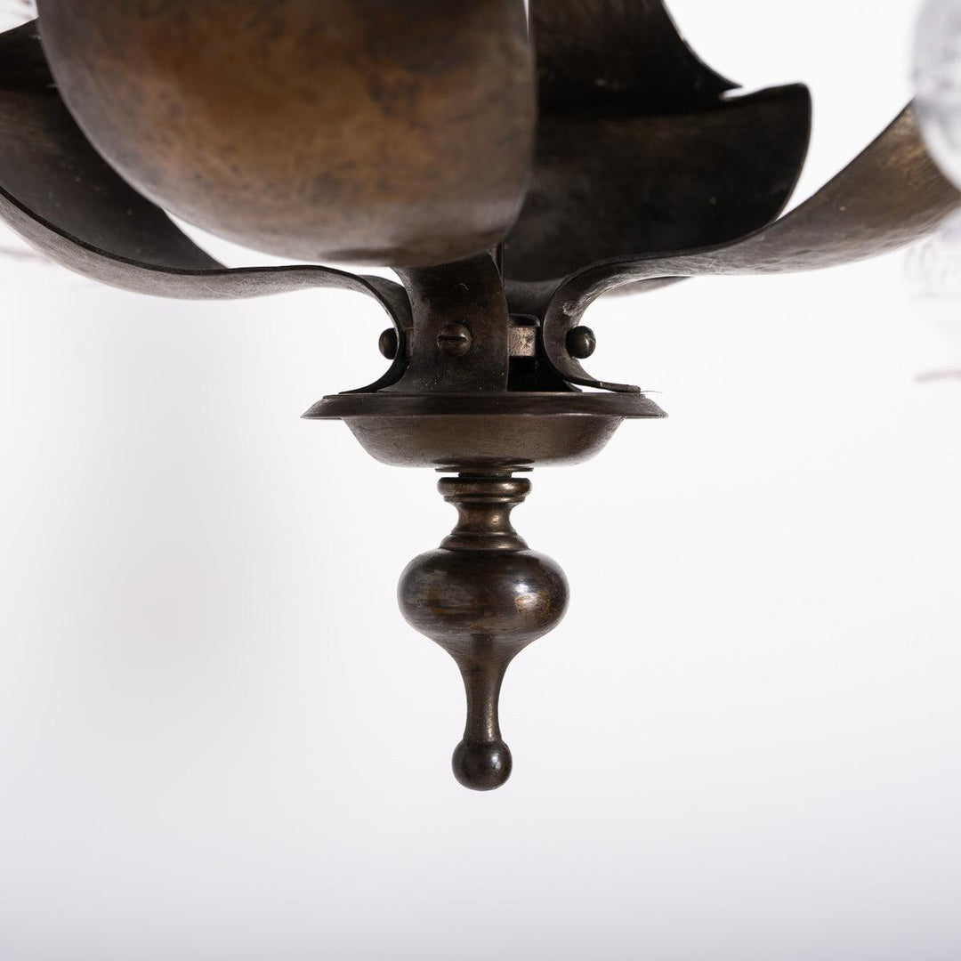 Rare Aged Brass Four Arm Arts & Crafts Chandelier with Crystal Shades by Osler