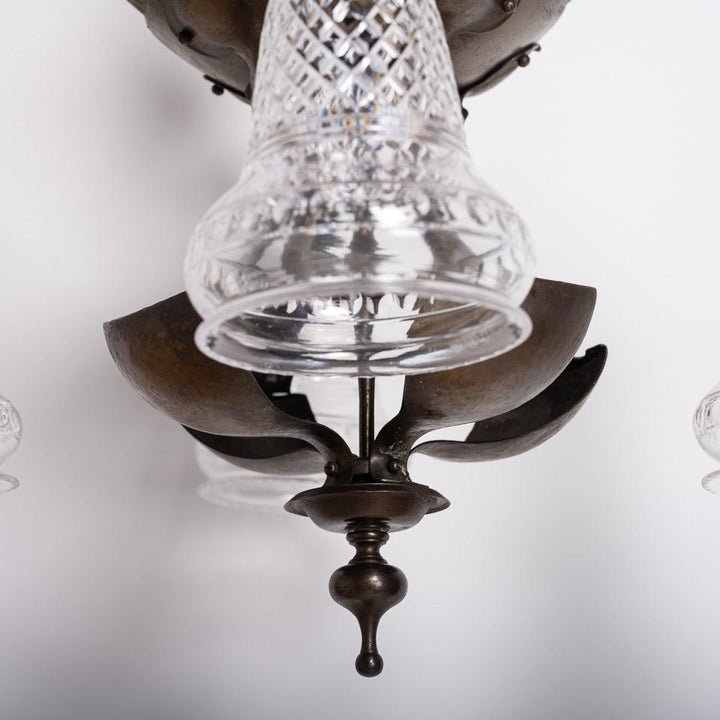 Rare Aged Brass Four Arm Arts & Crafts Chandelier with Crystal Shades by Osler