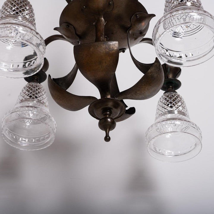 Rare Aged Brass Four Arm Arts & Crafts Chandelier with Crystal Shades by Osler