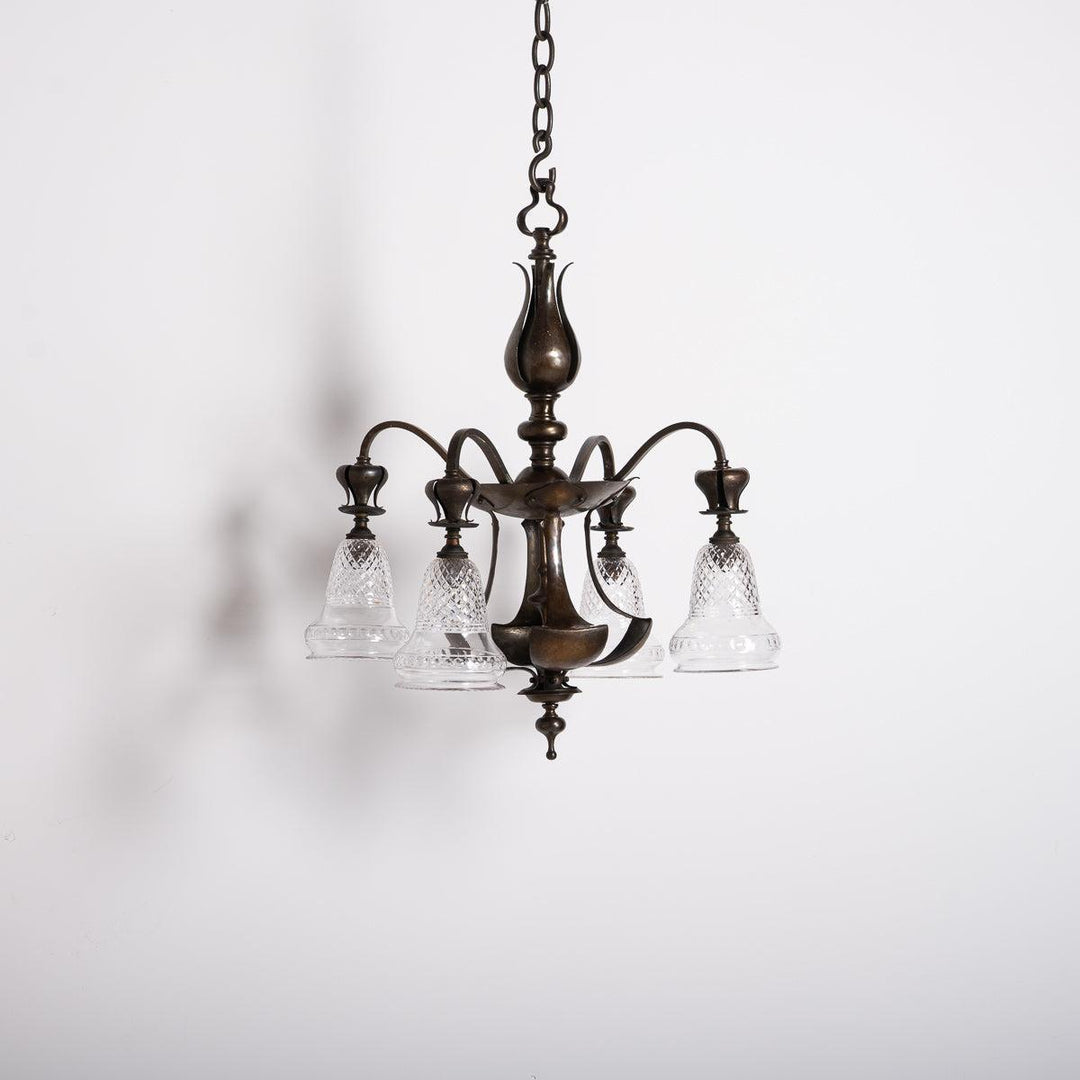 Rare Aged Brass Four Arm Arts & Crafts Chandelier with Crystal Shades by Osler