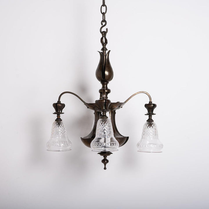 Rare Aged Brass Four Arm Arts & Crafts Chandelier with Crystal Shades by Osler