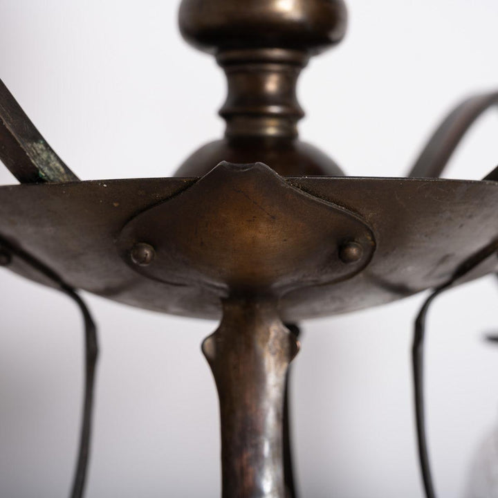 Rare Aged Brass Four Arm Arts & Crafts Chandelier with Crystal Shades by Osler