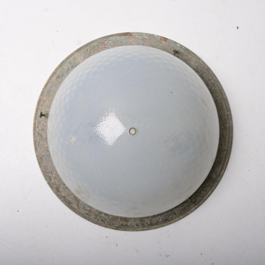 Rare Antique Opalescent Glass Flush Mount with Waffle Texture & Aged Brass Gallery