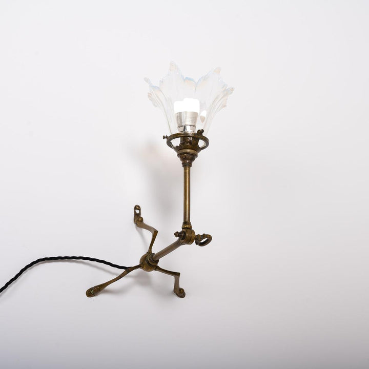 Rare Arts & Crafts Brass Three Legged Wall Lamp with Vaseline Glass Shade