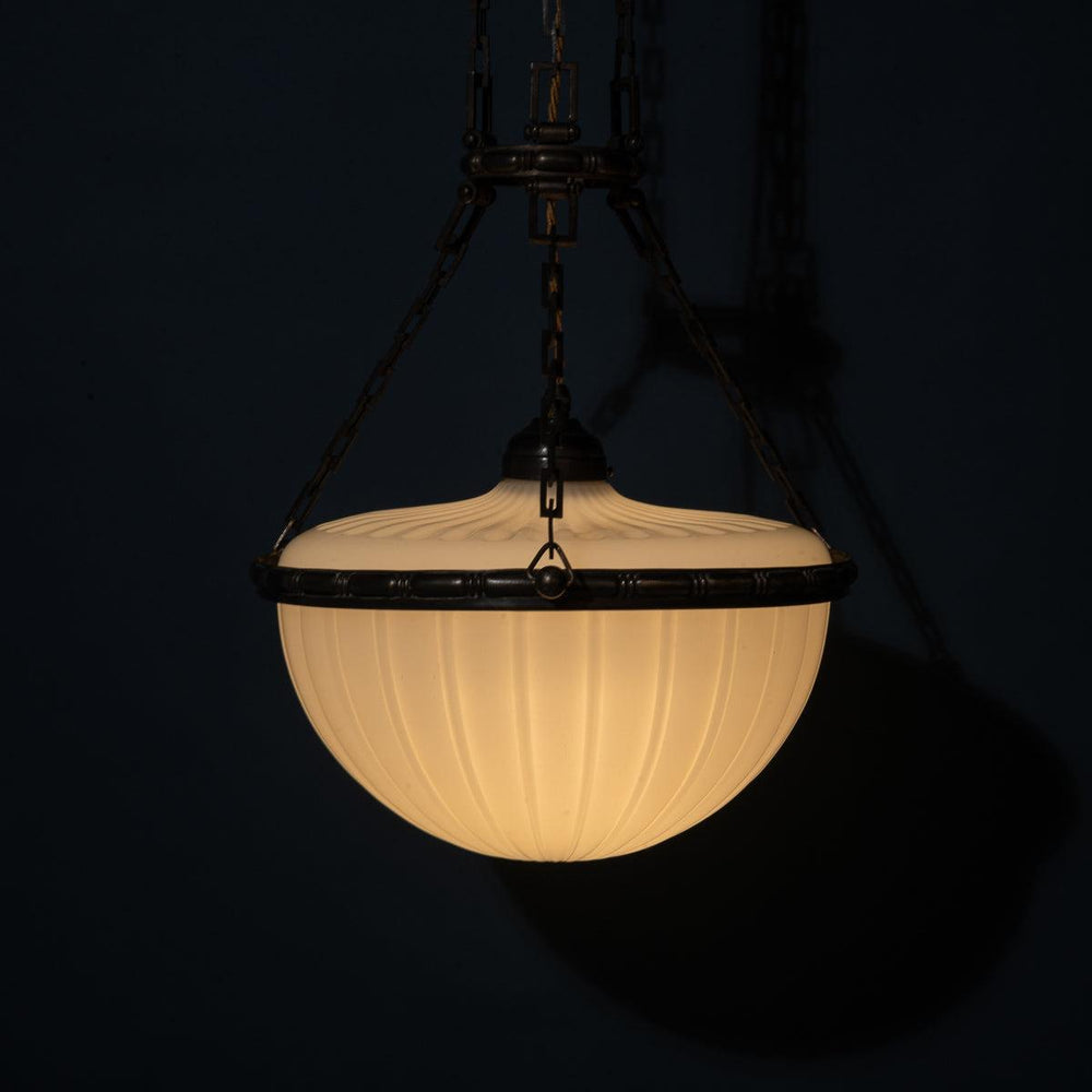 Rare & Exquisite Large Two Part "MOONSTONE" Plafonnier Pendant Light with Cast Bronze Enclosure